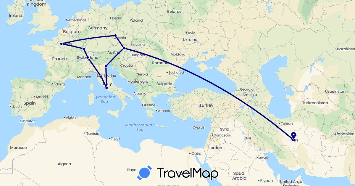TravelMap itinerary: driving in Austria, Switzerland, Czech Republic, France, Iran, Italy (Asia, Europe)